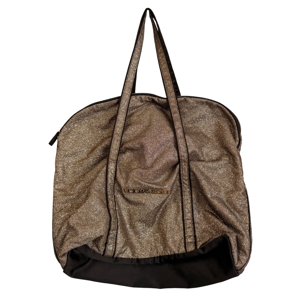 Victoria's Secret Gold Metallic Shimmer Oversized Tote Bag Black Trim Travel Gym